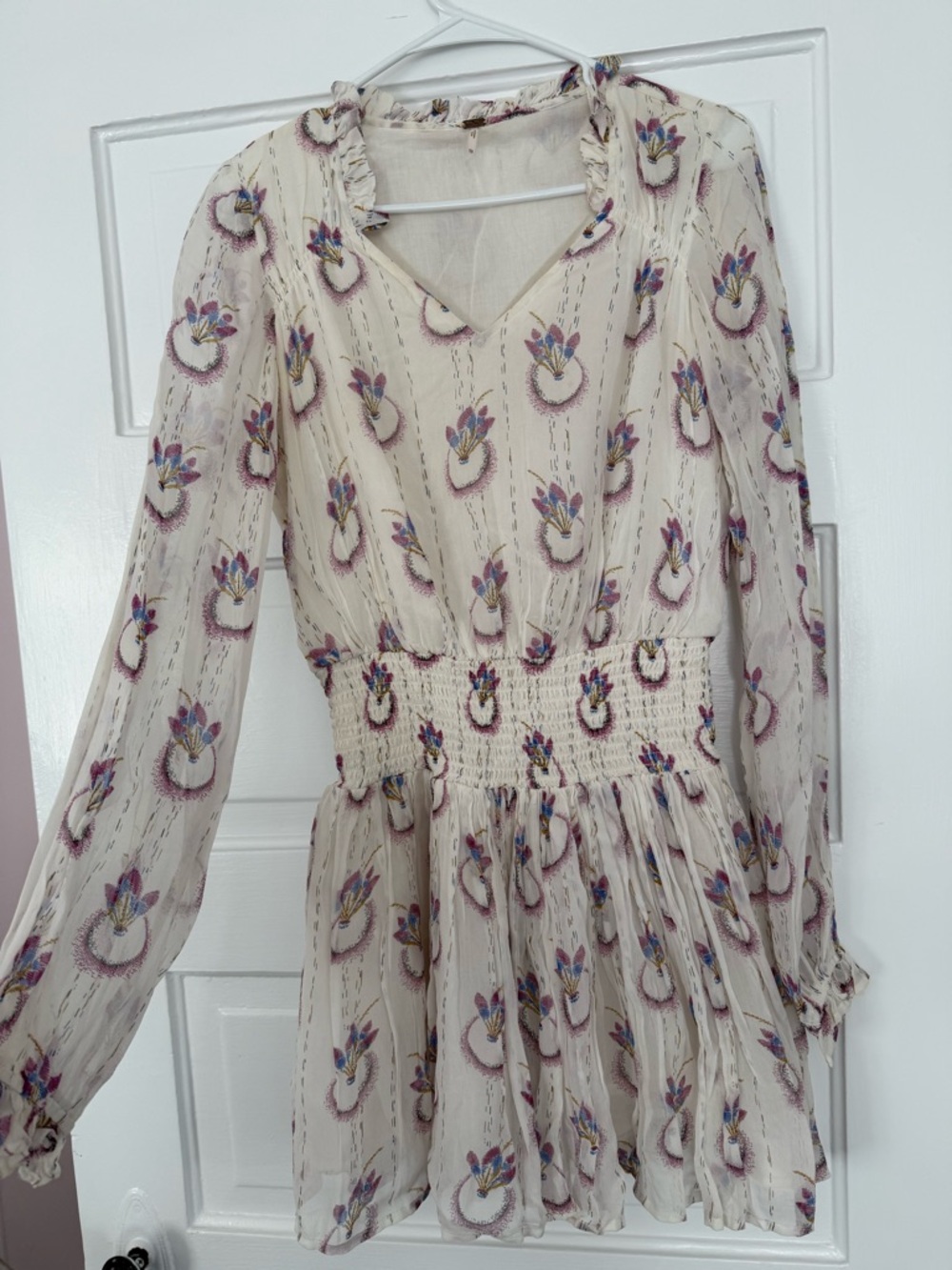 Women's Cream Floral-Accent Smocked Waist Dress